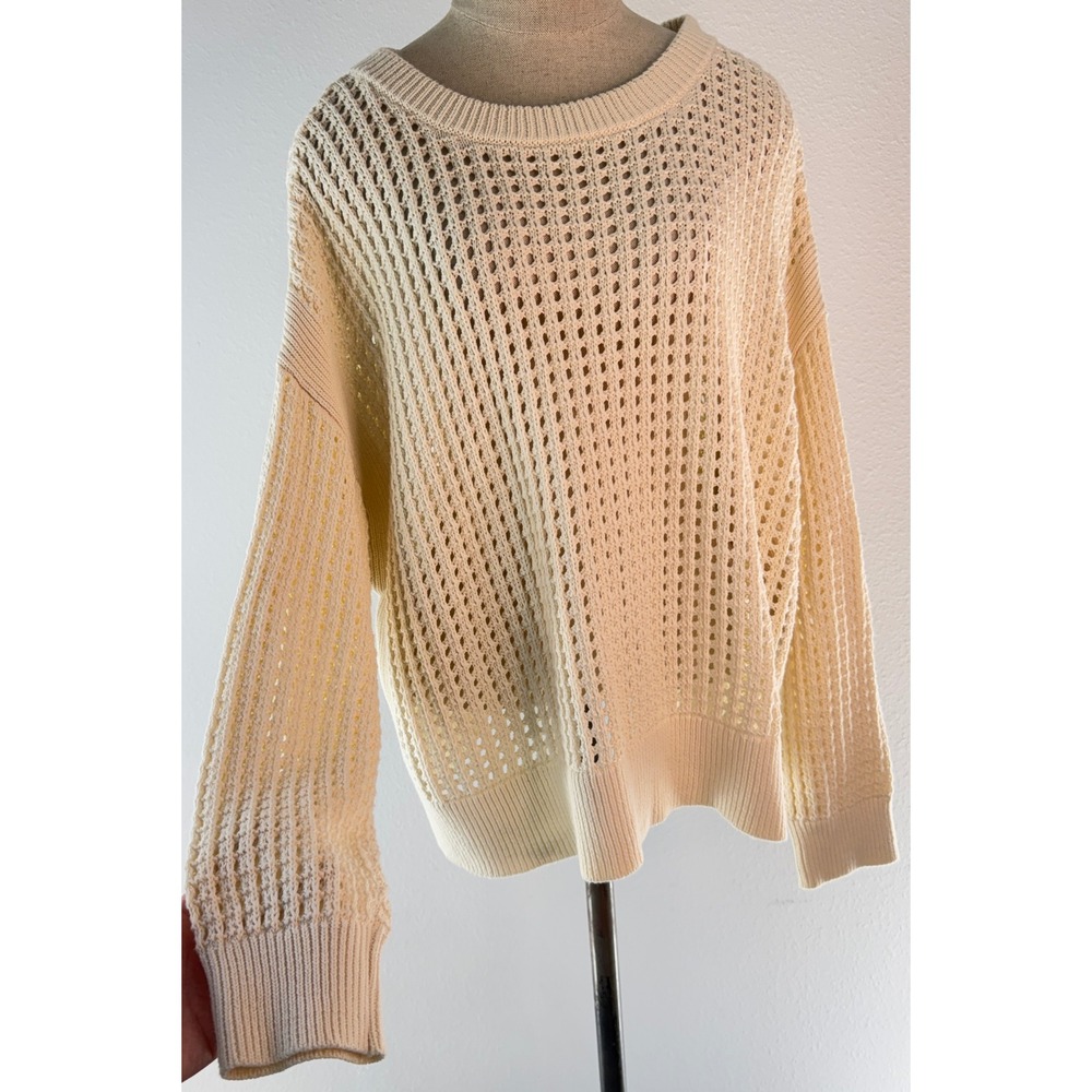 Old Navy Open Knit Sweater Oversized Cotton Cream Fishnet Cottage Minimalist XL